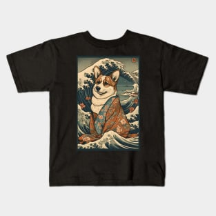 Corgi in Kimono: Traditional Japanese Ukiyoe Painting with Waves Kids T-Shirt